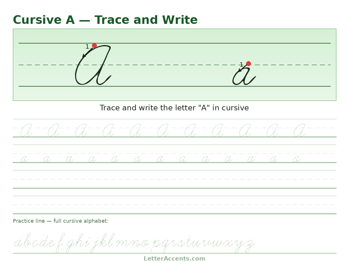 Cursive A worksheet, uppercase and lowercase A with stroke order, start dots and practice lines