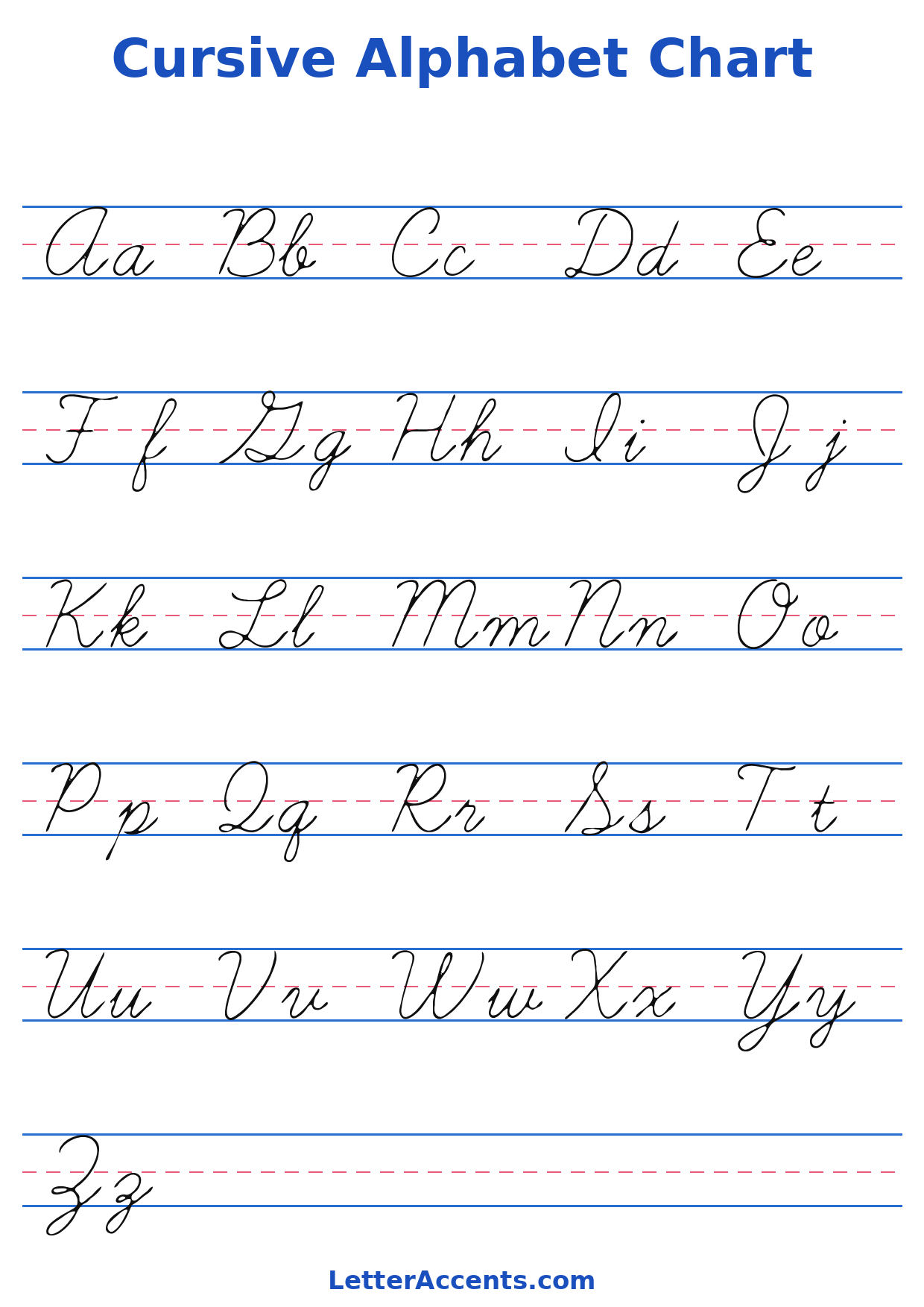 Printable Cursive Alphabet Chart showing every capital and lowercase cursive letter A to Z on ruled lines