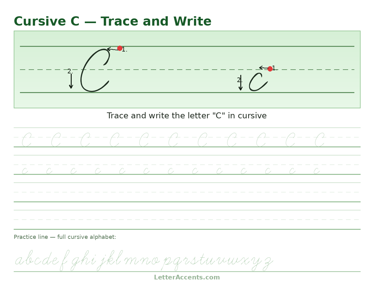 Cursive C worksheet, uppercase and lowercase C with stroke order, start dots and practice lines