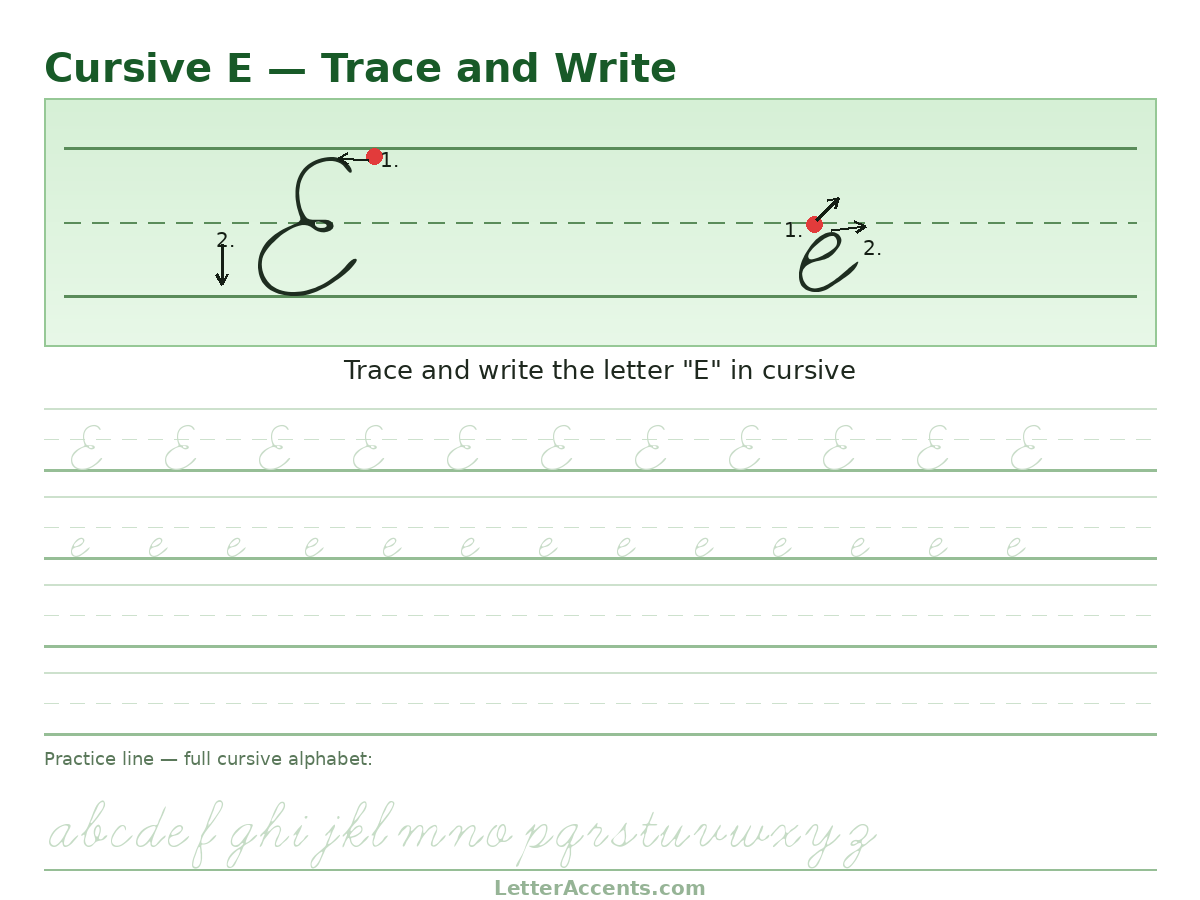 Cursive E worksheet, uppercase and lowercase E with stroke order, start dots and practice lines