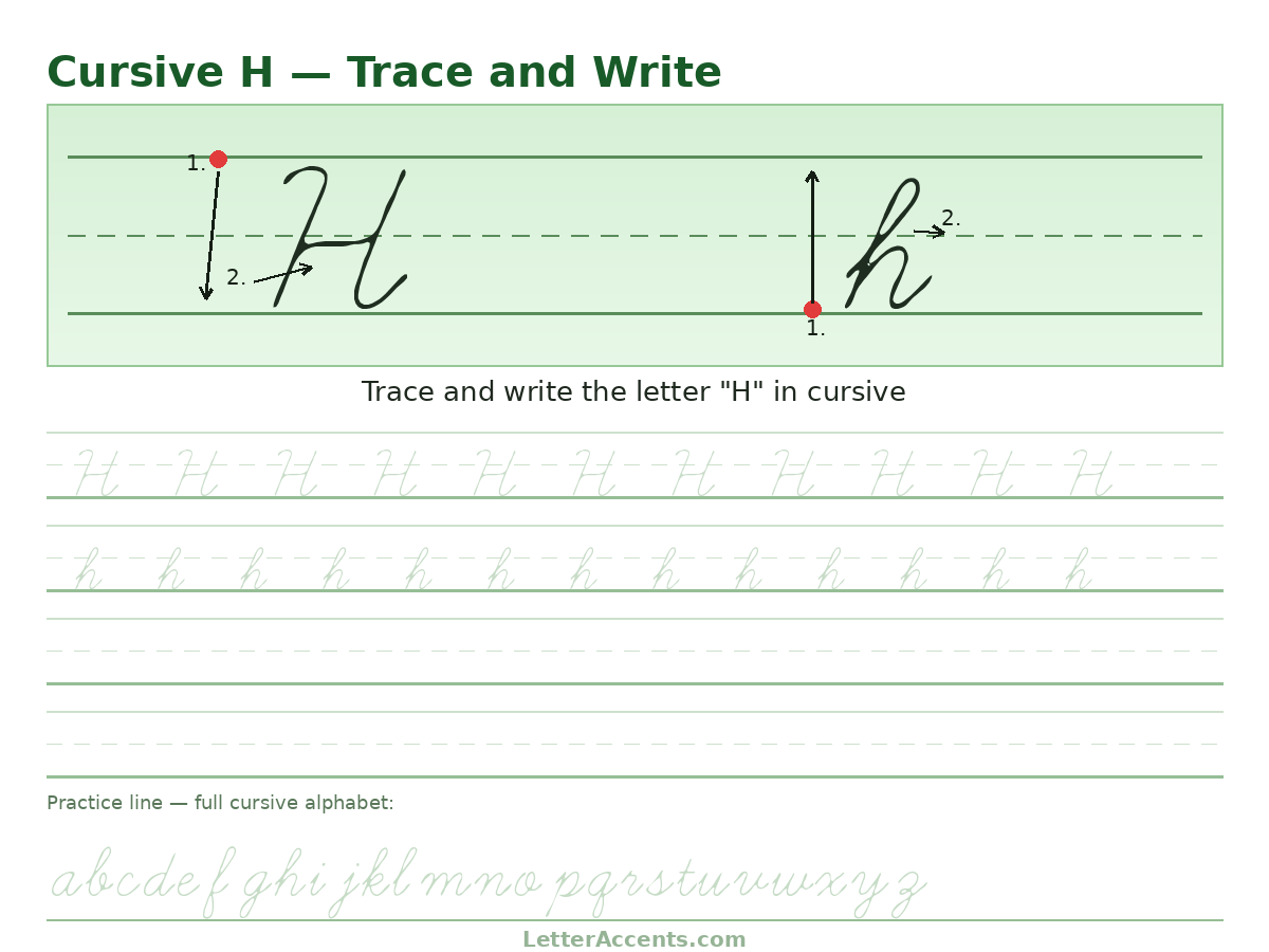 Cursive H worksheet, uppercase and lowercase H with stroke order, start dots and practice lines