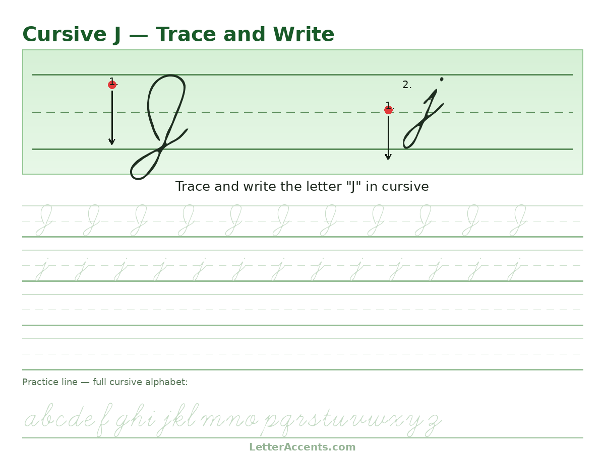 Cursive J worksheet, uppercase and lowercase J with stroke order, start dots and practice lines