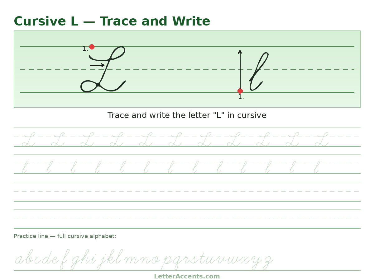 Cursive L worksheet, uppercase and lowercase L with stroke order, start dots and practice lines