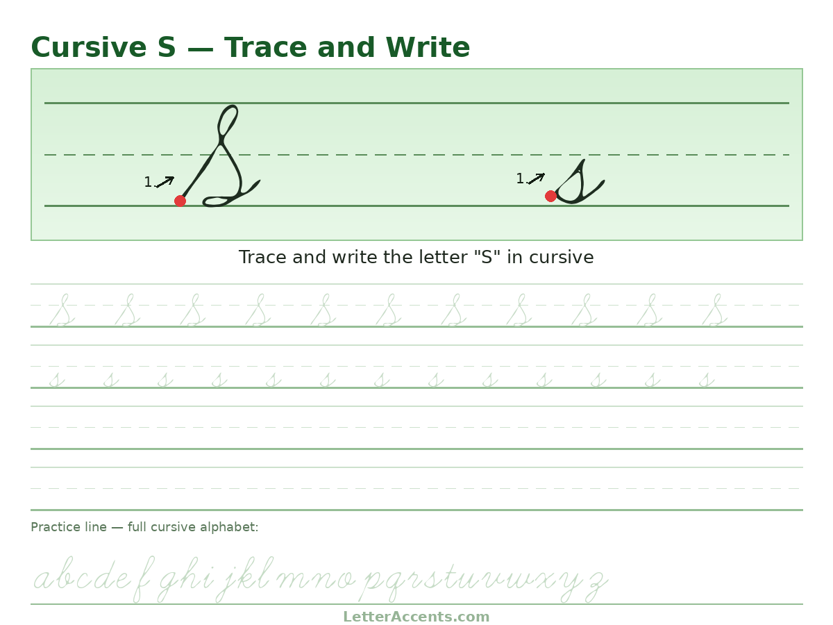 Cursive S worksheet, uppercase and lowercase S with stroke order, start dots and practice lines